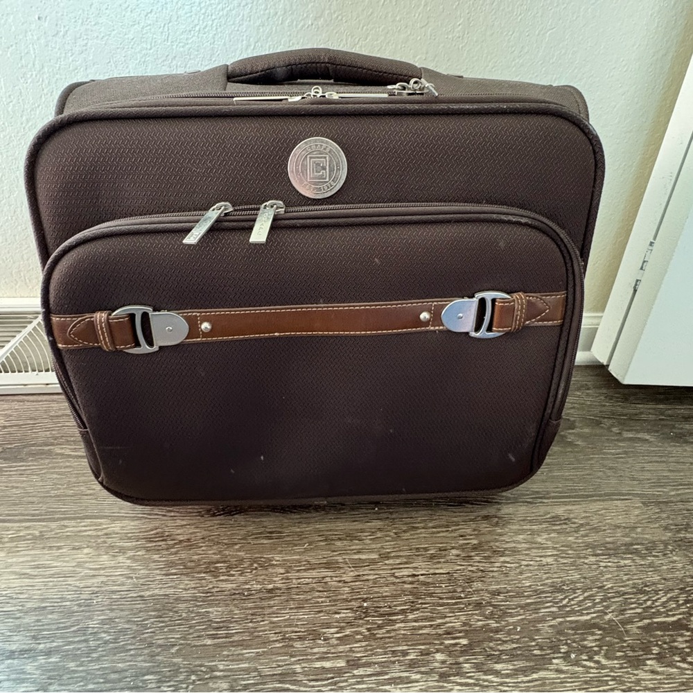 Chocolate Brown carry on roller with Leather Strap & Metal Hardware Chaps brand